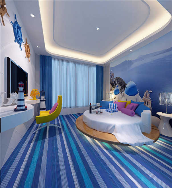 地中海风格酒店设计主题颜色：白、黄、蓝紫和绿