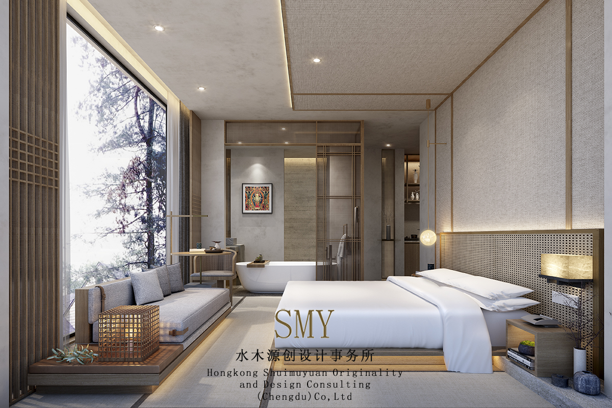 民宿客房空间采光及落地窗设计，针对沙发、床、书桌的家具协调